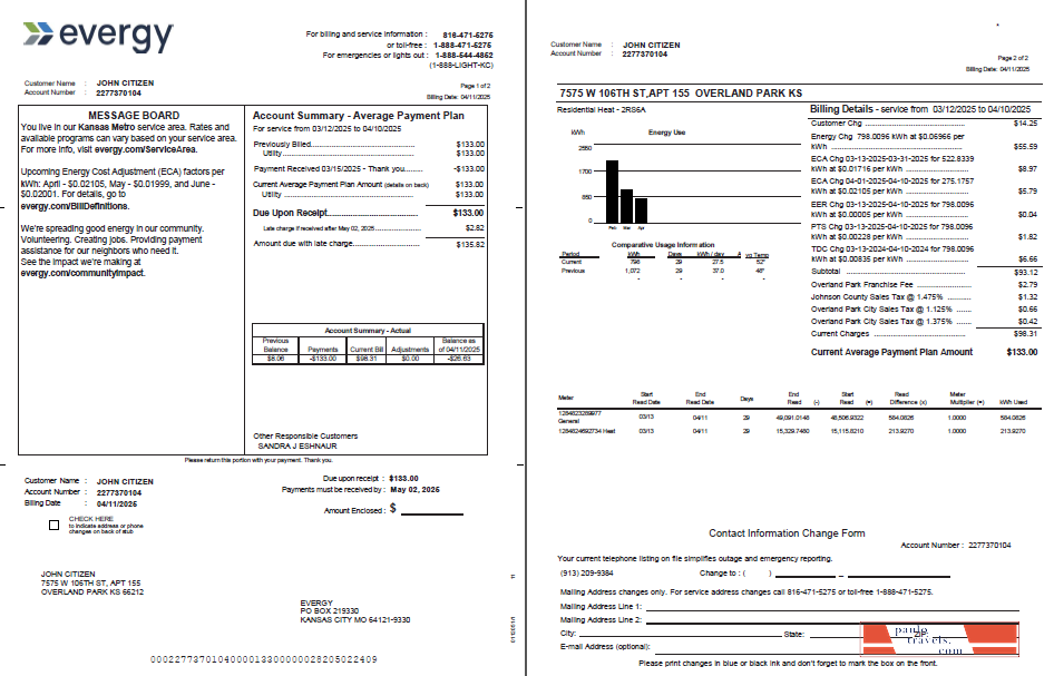 USA Evergy utility bill template in Word and PDF formats, 2 pages, version 2